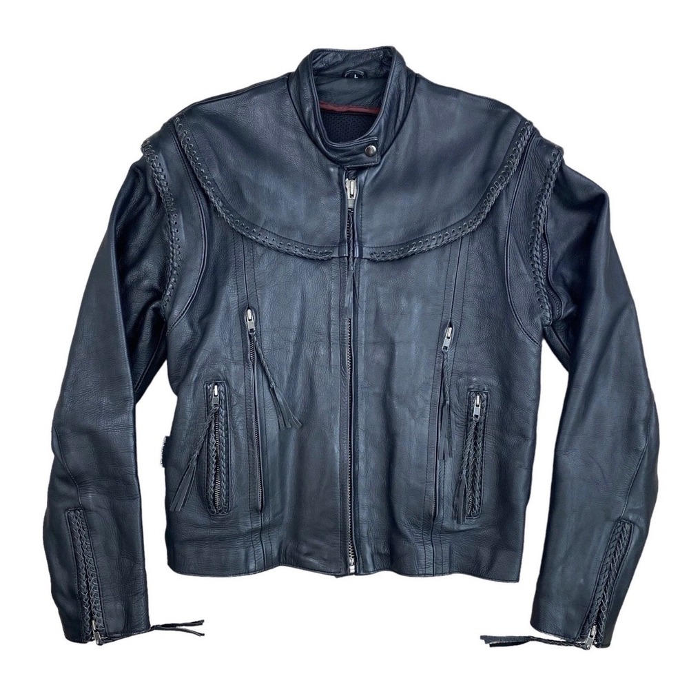 Jamin Leather Motorcycle Jacket Womens  Size L Black Braided Full Zip Off Biker‎